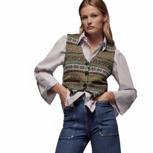 Zara Jacquard Wool Blend Knit Vest With Decorative Buttons Size Large EUC!